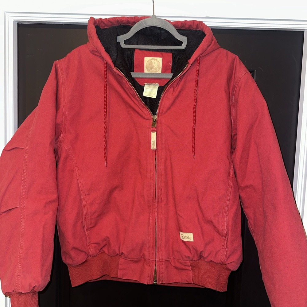 Berne Apparel Jacket Women L Red Canvas Hooded Work Coat Full Zip Rugged Outdoor